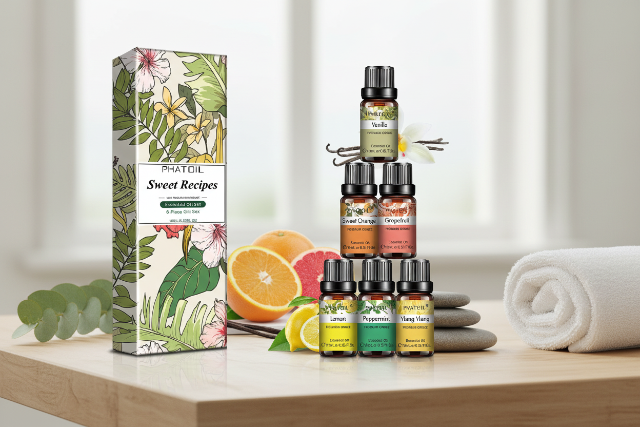 Mockup profesional del set de aceites esenciales PHATOIL